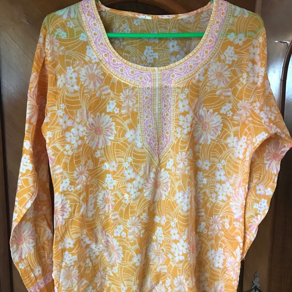Orange block printed cotton tunic